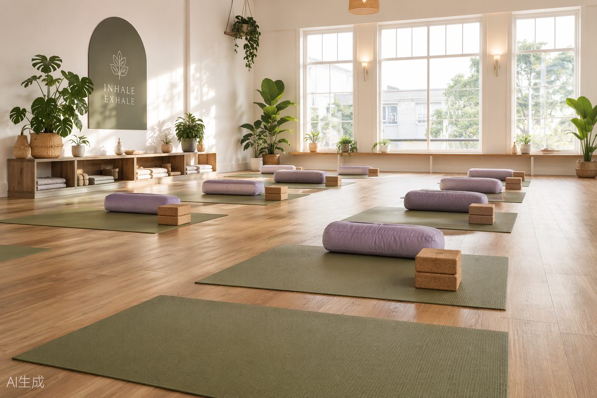 Bright, airy yoga studio with neatly arranged sage mats, cork blocks and lavender cushions