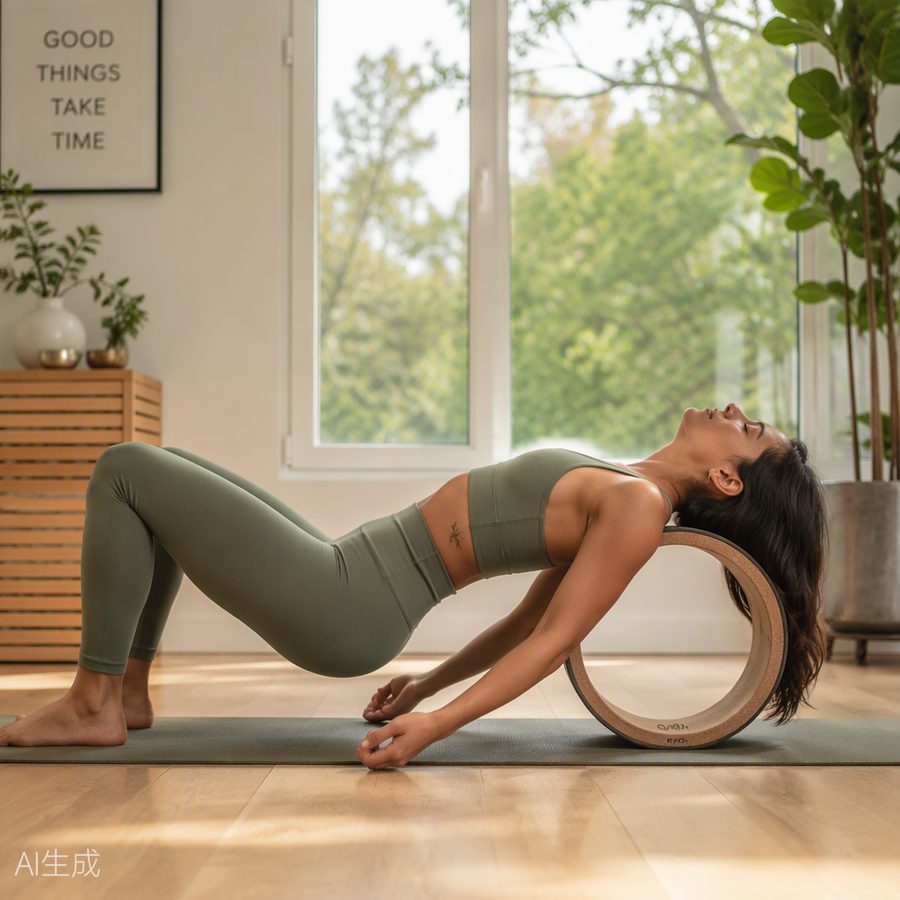 Person using a natural cork yoga wheel for a gentle backbend stretch in a bright studio